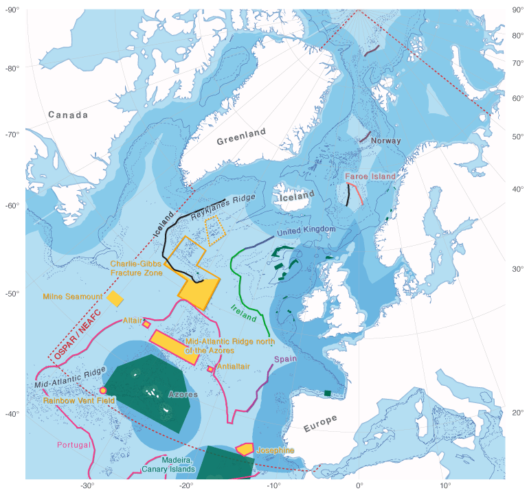 Figure 1. Marine protected areas beyond the 200 nautical mile (nm) zones of coastal States the North-East Atlantic as designated by OSPAR 2010 (in yellow). MPAs where the seafloor is designated under national legislation are framed in orange. Accordingly, the Charlie-Gibbs North area is outlined in orange. The proposed Reykjanes Ridge MPA is only stippled in orange.